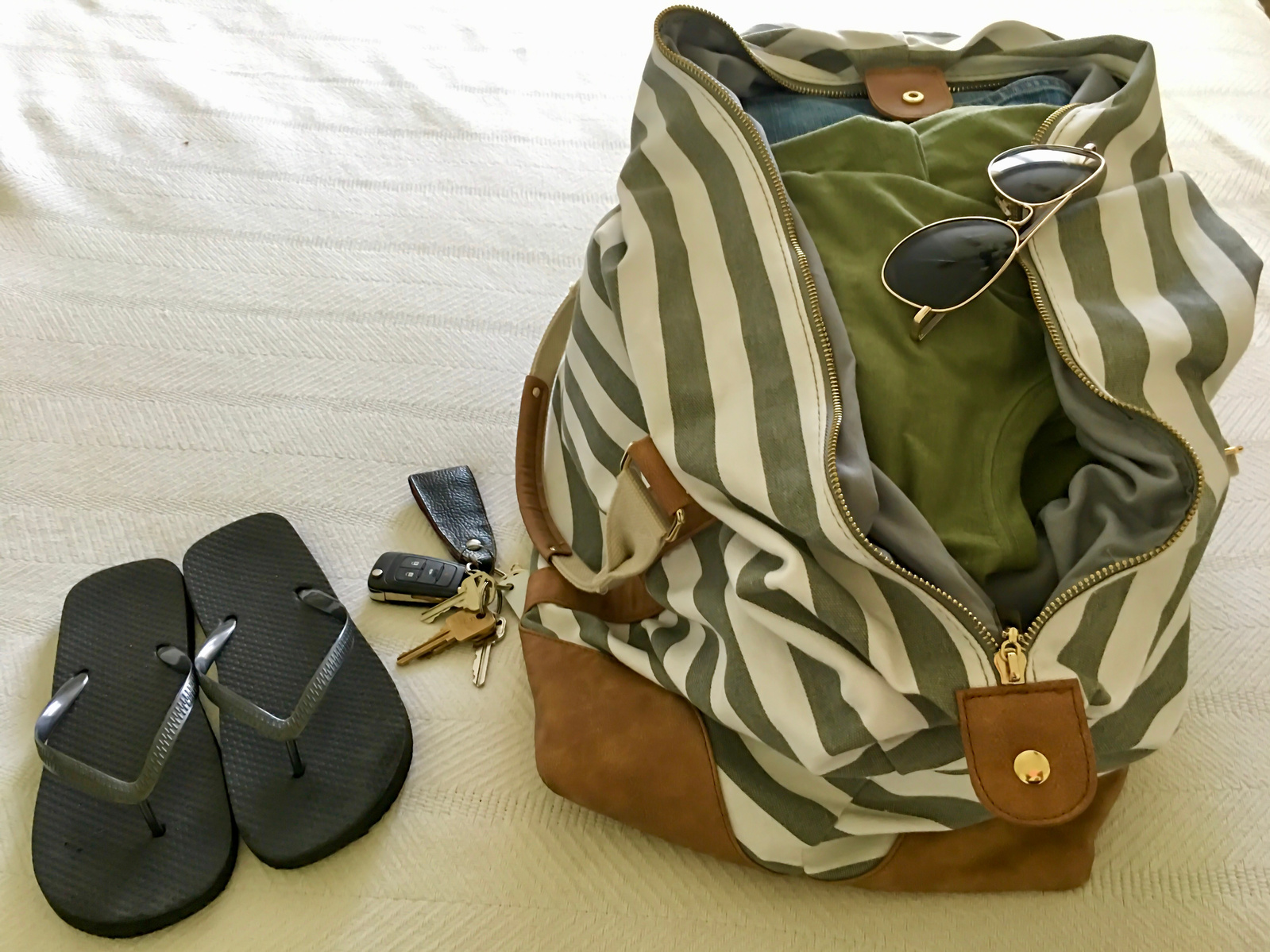 A duffle bag, flips flops and sunglasses in preparation for a road trip